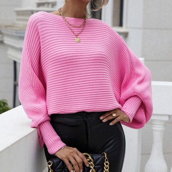 PINK Ribbed Knit Batwing Sleeve Sweater - Picture 5 of 7